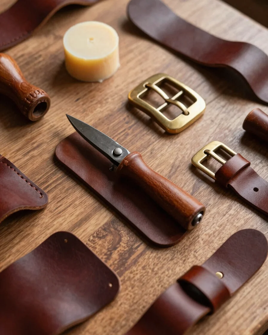 Overhead flat lay of leatherworking tools on a raw oak workbench, hand bevelers, beeswax, polished brass buckles, and co