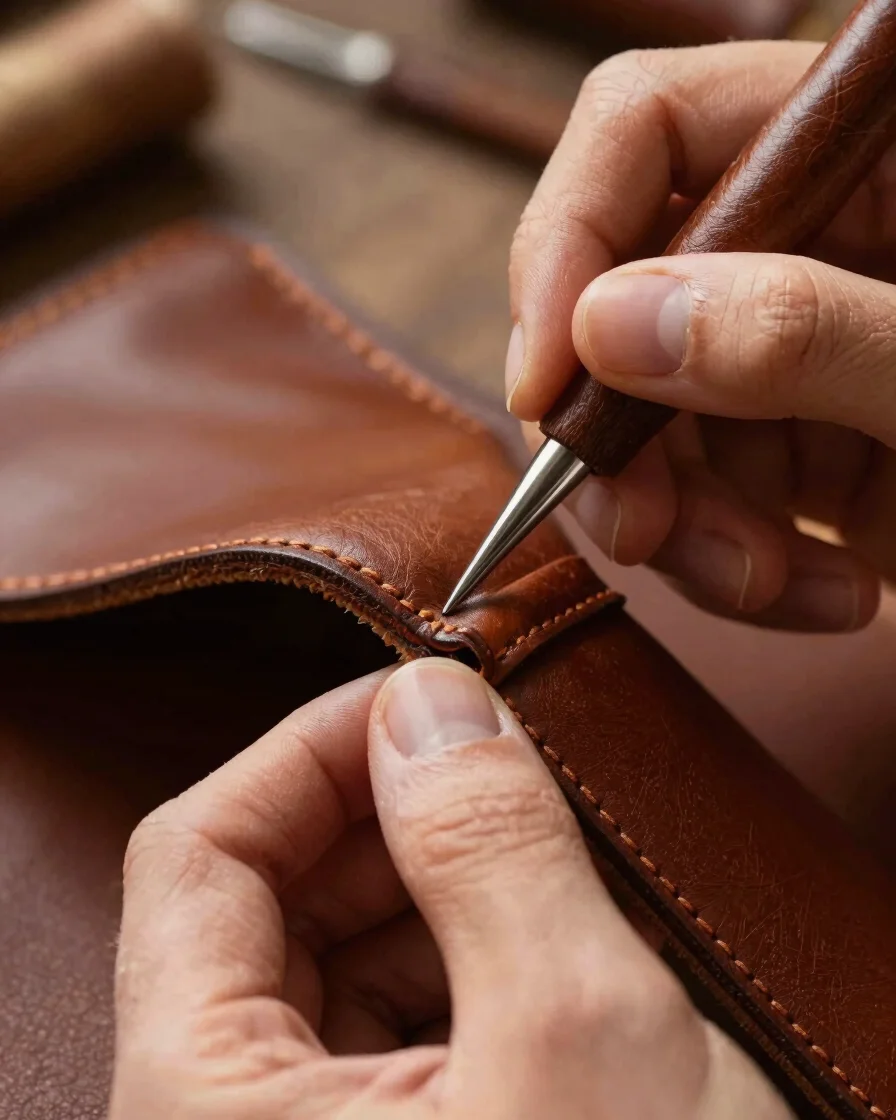 Extreme macro detail of hand-stitching on rich deep cognac leather, soft warm side lighting, shallow depth of field, 35m