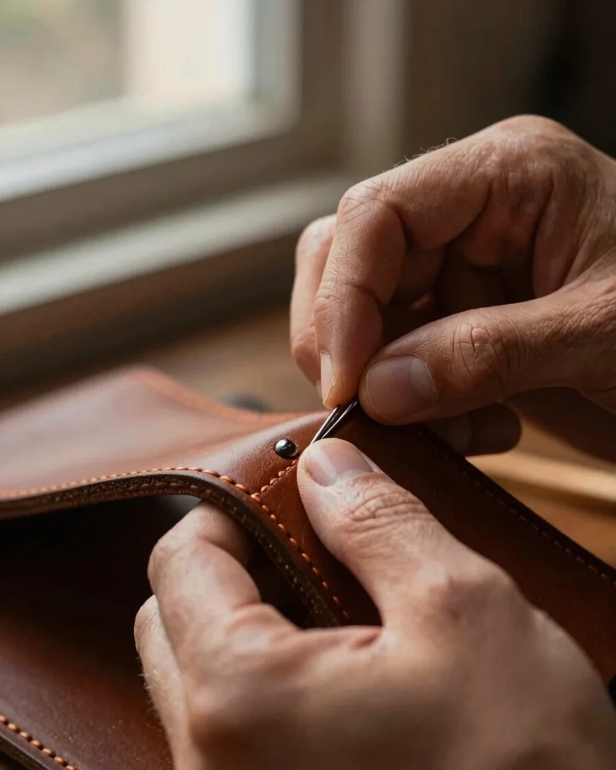 Extreme macro detail of artisan hands using a dual-needle saddle